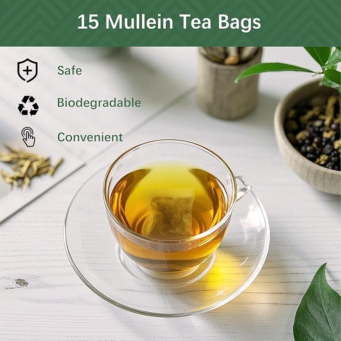 Mullein Leaf Tea,Mullein Tea Bags for Lungs Ginger & Elderberry Blend 15 Tea Bags for Clear Breathing & Wellness,Caffeine-Free (Mullein Leaf Tea)