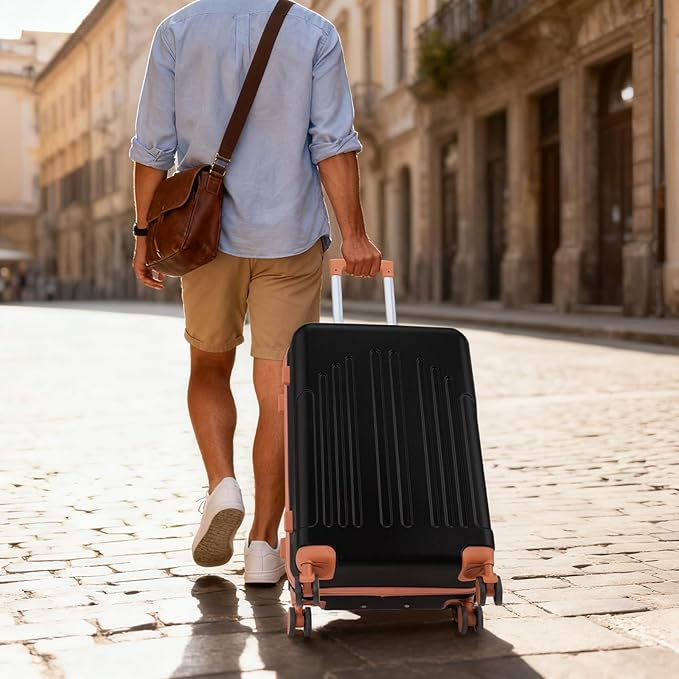 Karl home 24in Checked Luggage with TSA Lock, ABS Hardshell Check-in Suitcase with Spinner Wheels, Durable Medium Suitcase Rolling Luggage for Business Travel, Black & Brown