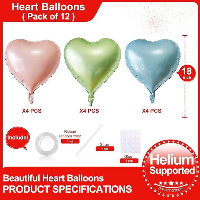 Lovoir 12 Pcs Pink Heart Shape Foil Mylar Balloons 18 Inch Love Balloons for Valentine's Day Birthday Party Decorations Wedding Engagement Romantic Decor (Baby Pink & Baby Blue & Olive)