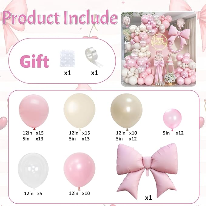 Double Stuffed Pearl White and Pink Balloon Arch Garland Kit, Pearl White Beige with Pink Bow Foil Balloons for Girls Women Wedding Bridal Baby Shower Bachelorette Coquette Birthday Party Decorations