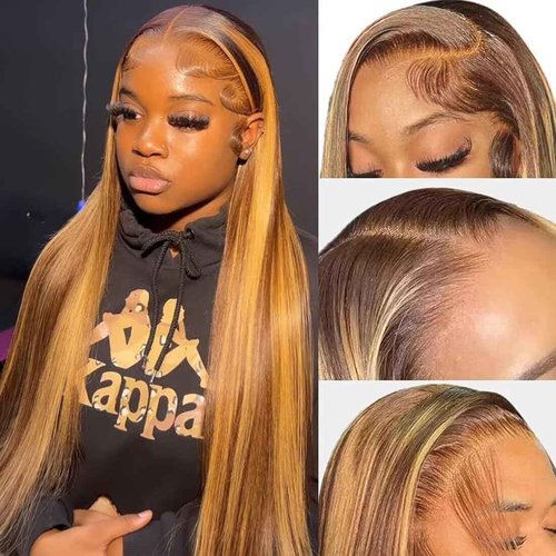 Arsola Ombre Highlight Lace Front Wigs Human Hair 180% Density 13x6 HD Transparent Pre Plucked Straight Lace Front Wigs Human Hair 20 Inch Glueless #4/27 Colored Honey Blonde Wig for Women