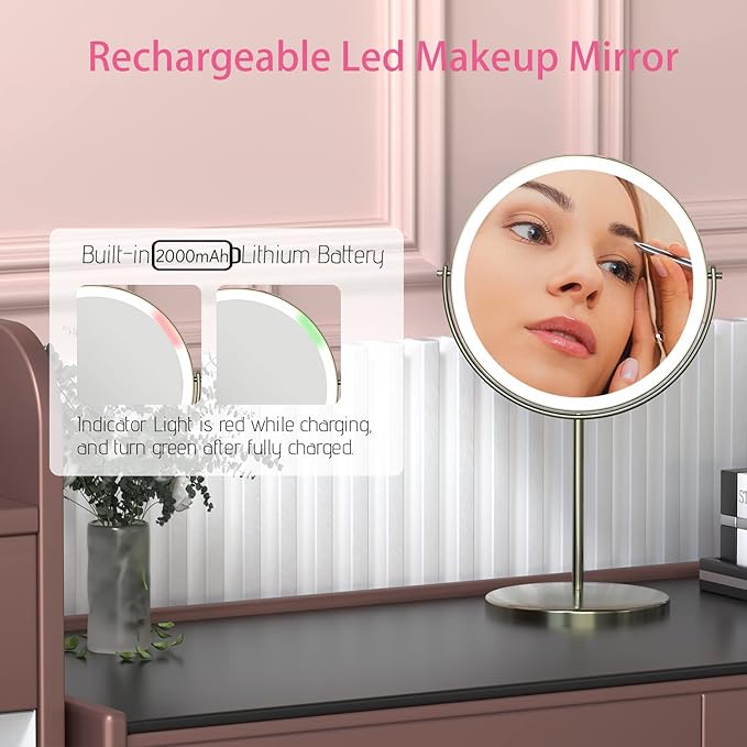 8" Lighted Vanity Mirror with Lights, 1X/10X Magnifying Makeup Mirror, Double Sided 360 Swivel USB Rechargeable, 3 Color Lights, Gifts for Women Mom Teen Girls
