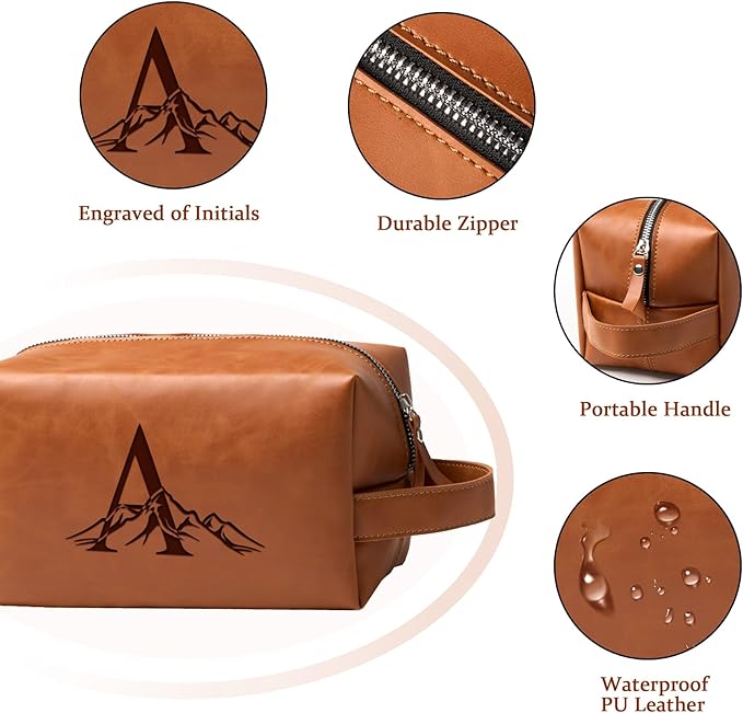 Personalized Gifts Travel Toiletry Bag for Men Engraved Initial PU Leather Waterproof Shaving Bag for Toiletries Accessories Fathers Day Birthday Gift for Men Dad Husband Son, Light Brown K