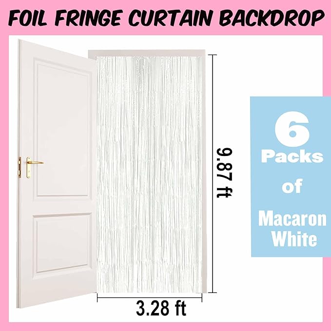 6 Pack Macaron White Foil Fringe Curtains Backdrop, 3.28 x 9.8 Ft Metallic Streamers Tinsel Curtains Background for Photo Booth, Birthday, Halloween, Christmas, New Year Party Decorations