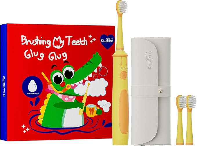 KIWIBIRD Kids Electric Toothbrush for Ages 3–10 | Toddler Sonic Toothbrush with 4 Modes & Soft Silicone Bristles | 2-Min Timer Pressure Sensor | 45-Day Rechargeable Battery | IPX8 Waterproof (Yellow)