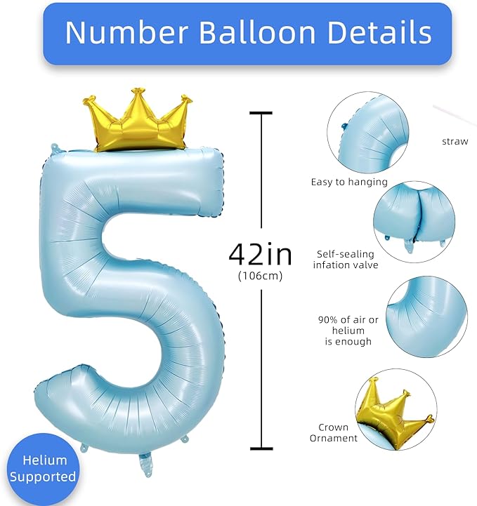 AULE 40 Inch Big Light Blue 5 Balloon Number with Crown Large Foil Helium Number Balloons 0-9 Jumbo Giant Happy 5th Birthday Party Decorations Huge Mylar Anniversary Party Supplies