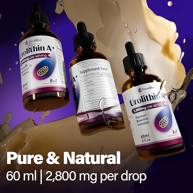 FloraBliss Urolithin A Supplement 2800 mg Liquid Drops | with Trans-Resveratrol, Collagen Peptides, Pomegranate Extract, Hyaluronic Acid, Vitamin E & C | 60ml |30-Day Supply