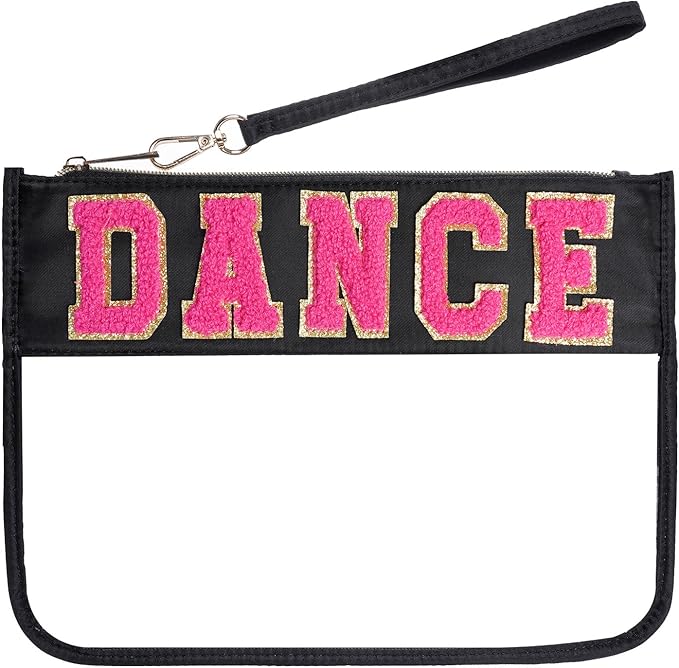 Chenille Letter Bag - Multi-purpose Nylon Cosmetic Bags with Zipper, Flat Pouches for Travel, Gym, Beach (Black-Dance)