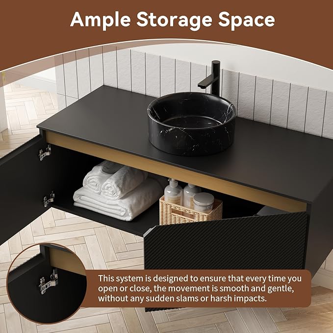 48 Inch Bathroom Vanity with Sink, Floating Fluted Vanity with Vessel Sink, Modern Wall Mounted Bathroom Vanity Cabinet with 2 Doors, Black Vessel Sink & Sintered Stone Top, Black