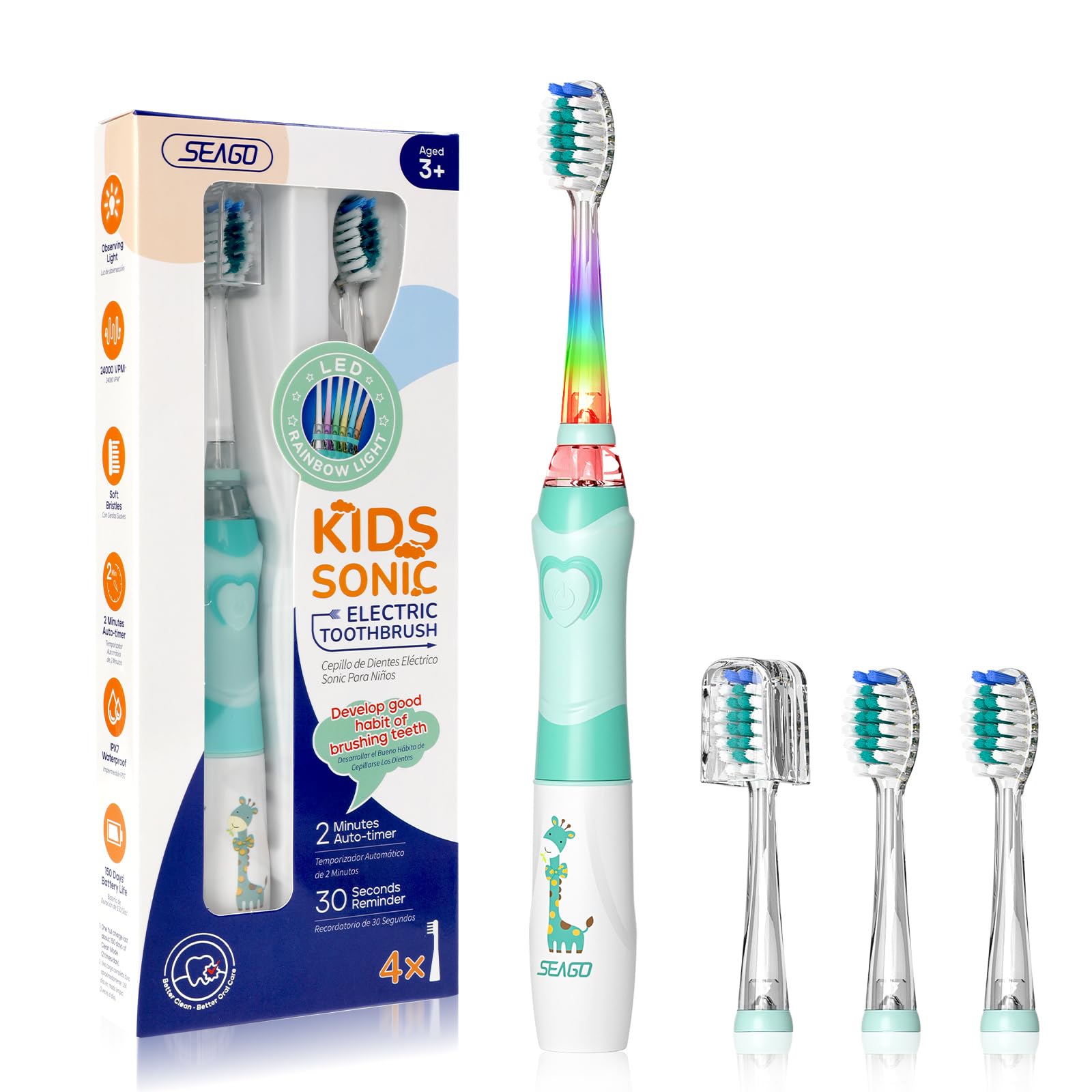 SEAGO Kids Electric Toothbrush with 2 Mins Brushing Timer and 4 Replacement Brush Heads, Rainbow LED Light Makes Brushing Fun, Boys Battery Powered Toothbrush for 4-12 Years Old，SG-977(Green)