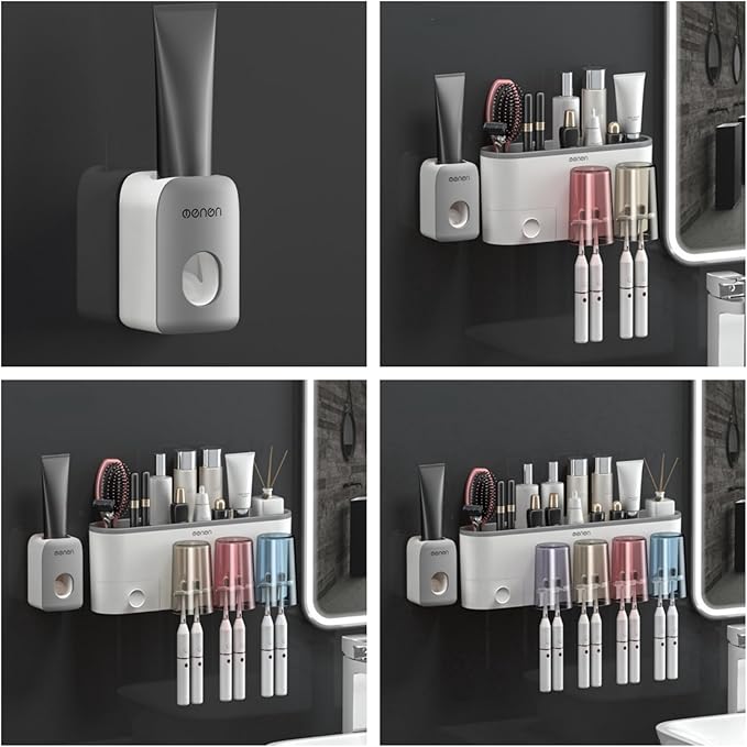 No-Drill Wall Mounted Toothbrush Holder, Bathroom Shelf, with 1 Automatic Toothpaste Dispenser 4 Brush Hooks Cups 1 Cosmetic Drawer Organizer and Large Storage (1 Dispenser + 2 Cups)