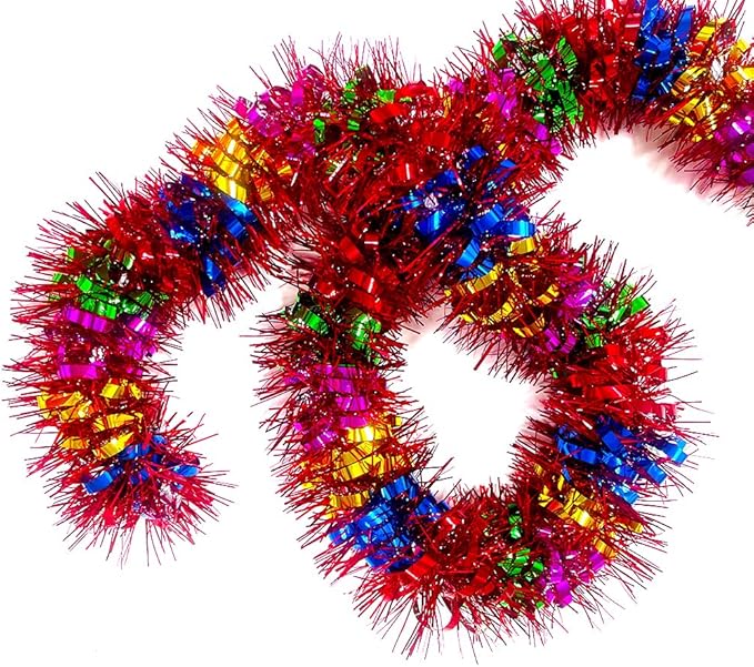 33Ft Long Tinsel Twist Garland Shiny Thick Metallic Foil Xmas Tree Decorations for Birthday Party Christmas New Year Parties Parade Floats and Other Holidays Hanging Decor Supplies-(Colours+Red)