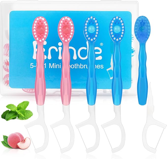 Erinde 5 in 1 Mini Disposable Toothbrushes with Toothpaste + Tongue Scraper + Picks + Floss Travel Case, Prepasted Travel Toothbrushes Pick for Work or Travel, Soft Brushes, 12 Count (Mint & Peach)
