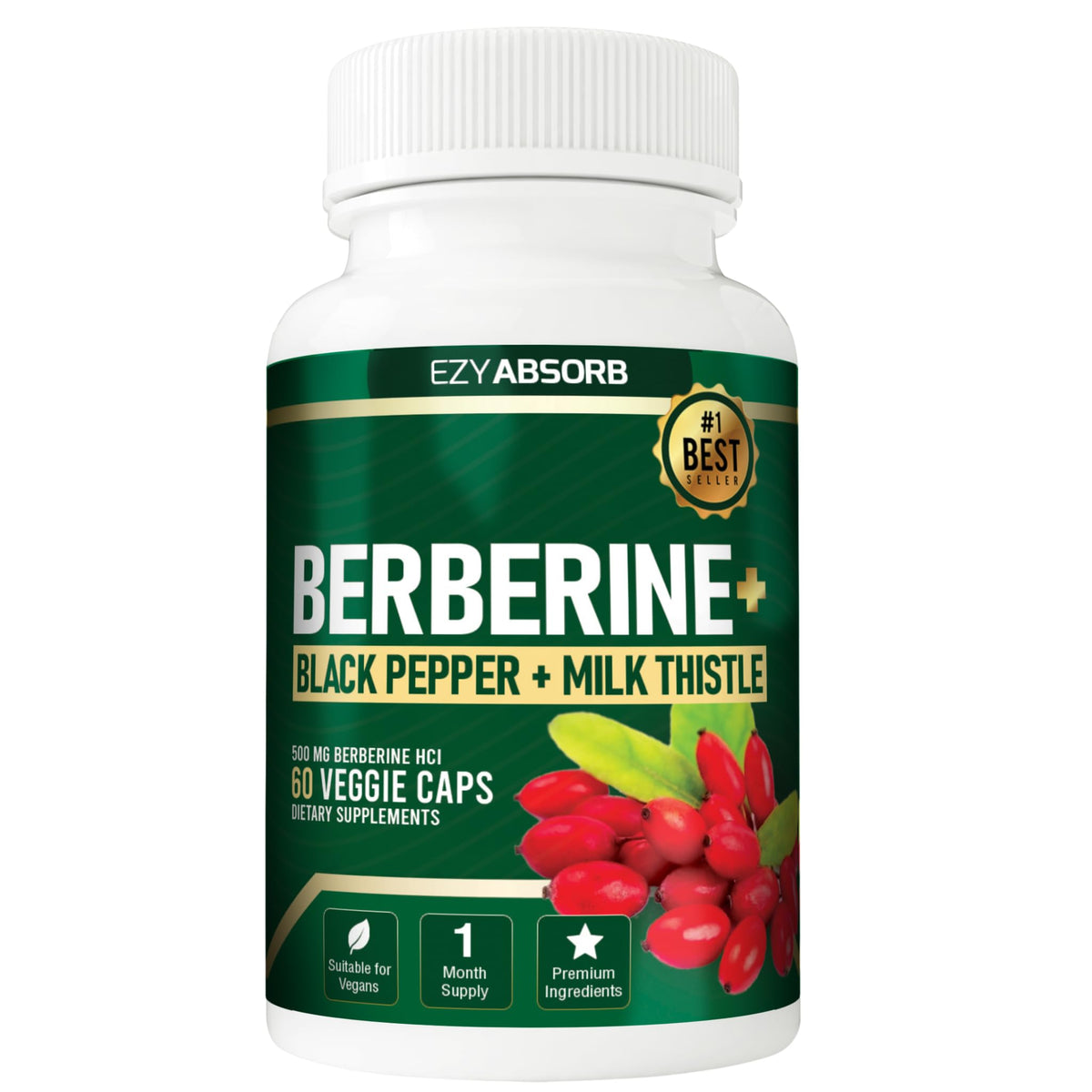 EzyAbsorb Gluten-Free Berberine 500mg, 60 Veggie Capsule w/LA-3 AMPK Metabolic Activator