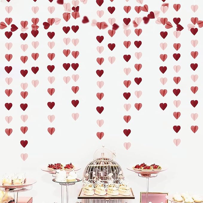 Rose-Gold Pink Burgundy-Red 3D-Heart Garland - 39Ft Galentines Valentines Day Party Decorations Hanging Paper Streamers Banner,Engagement Wedding Bachelorette Baby Bridal Shower Decor Ouruola