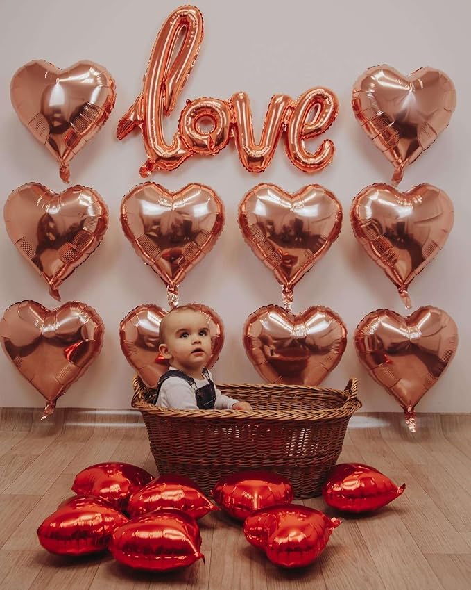 Lovoir 12 Pcs Pink Heart Shape Foil Mylar Balloons 18 Inch Love Balloons for Valentine's Day Birthday Party Decorations Wedding Engagement Romantic Decor (Pearl Pink & White & Rose Gold)