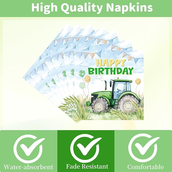 Rakuto Tractor 2nd Birthday Decorations Supplies, 96PCS Tractor Party Plates Napkins and Forks Set, Disposable Farm Two Years Old Birthday Tableware for Boys Serves 24
