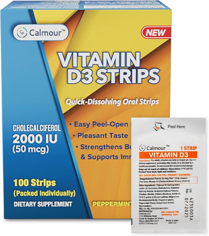 Vitamin D3 Strips 100 Pack| 2000 IU Oral Dissolvable D3 Vitamin Strips | Peppermint Flavor Melts on Your Tongue in 30 Seconds | Boost Immunity & Enhance Mental Focus with Vitamin D3 2000
