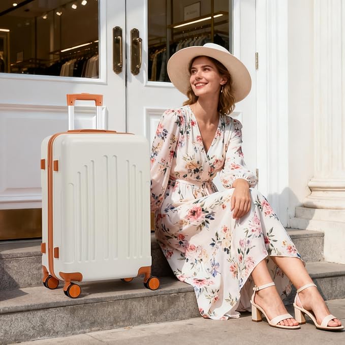 Karl home 24in Checked Luggage with TSA Lock, ABS Hardshell Check-in Suitcase with Spinner Wheels, Durable Medium Suitcase Rolling Luggage for Business Travel, White & Brown