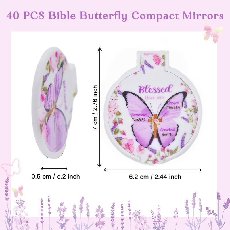 Eva's Moment 40 Pcs Christian Butterfly Compact Mirrors Bulk Bible Verse Mini Mirror Gifts Inspirational Portable Small Makeup Mirror for Women Church Scripture Party Gift 4 Styles
