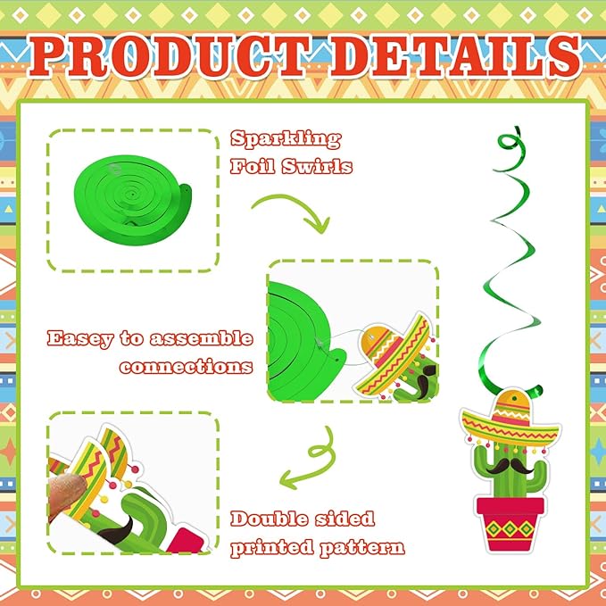 Mexican Fiesta Party Decorations Set - 27 PCS Let's Fiesta Banner, Colorful Paper Pom Poms, Hanging Swirls & Table Centerpieces - Perfect for Cinco de Mayo, Taco Tuesday, Birthday & Graduation