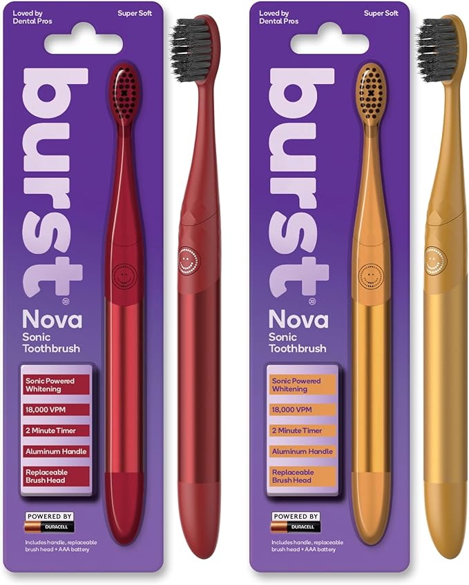 Burst Nova Toothbrush (2 Pack/Red & Orange) | Sonic Powered Teeth Whitening | Super-Soft Bristles | 18000 VPM | 2 Minute Timer | Aluminum Handle | Replaceable Brush Head | Compact Size | AAA Battery