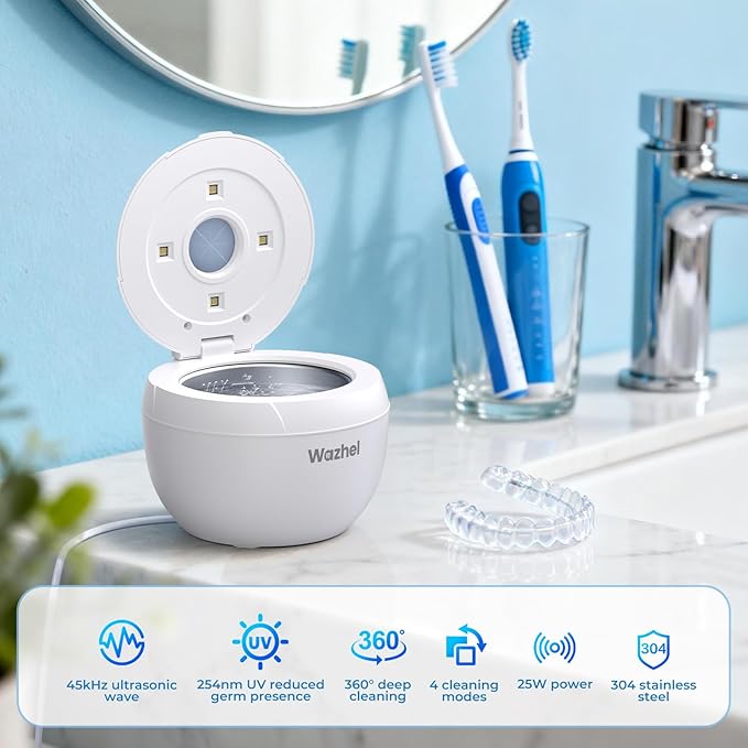 Ultrasonic Retainer Cleaner Machine, 45kHz Dental Cleaning Pod for Denture, Mouth Guard, Night Guard, Aligner, Braces, Toothbrush, 200ML Denture Cleaner with Digital Timer & 4 Modes, White
