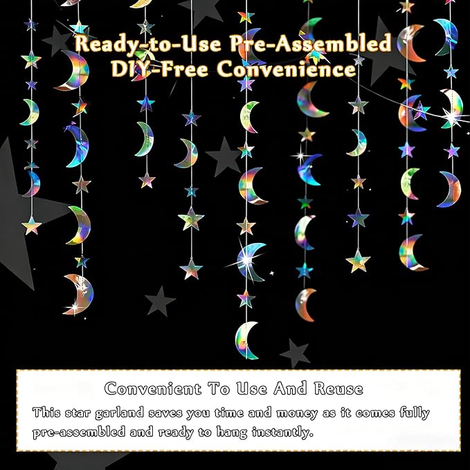 52 Feet Star Garland Banner Decorations for Party,Gold Star Hanging Bunting Banner Hanging Glitter Stars Garland Christmas Birthday Decorations (4 Pack Star and Moon)