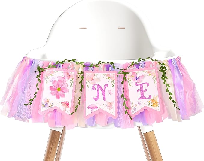 Fairy First Birthday High Chair Banner One High Chair Banner Girl Photo Backdrop Fairy First Birthday Decorations for Girl Wall Hanging Decorations for Kids Bedroom