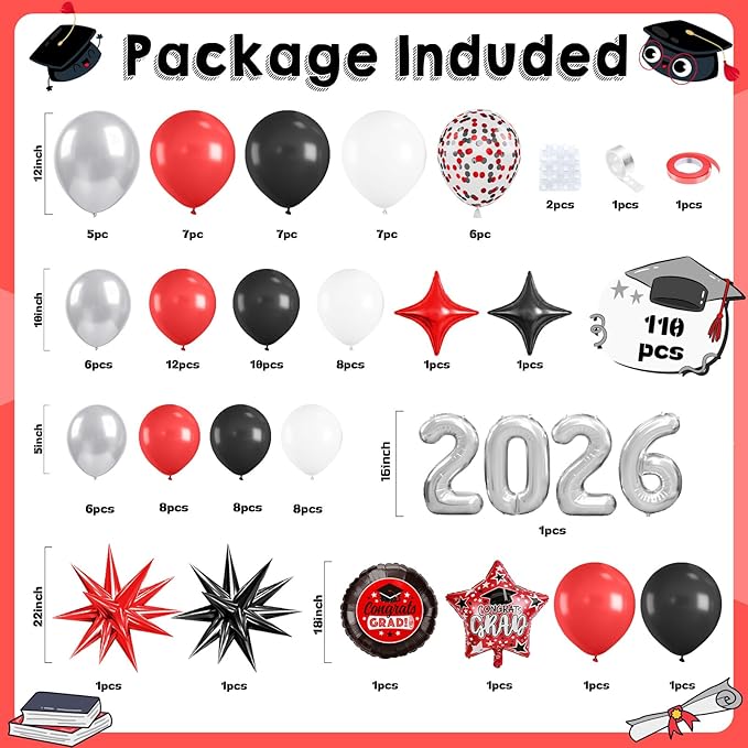 Red Black Graduation Balloon Arch Kit 2026 Graduation Decorations, Silver Number 2026 Balloons with Explosion Star Round Congrats Grad Foil Balloon for College High School Class of 2026 Grad Party
