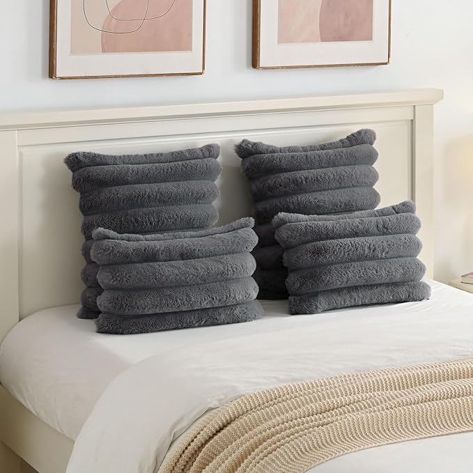 FUTEI Dark Grey Decorative Throw Pillow Covers 18x18 Inch Set of 2, Square Soft Faux Rabbit Fur Big Striped Cushion Cover,Home Decor for Couch Sofa Bed Living Room