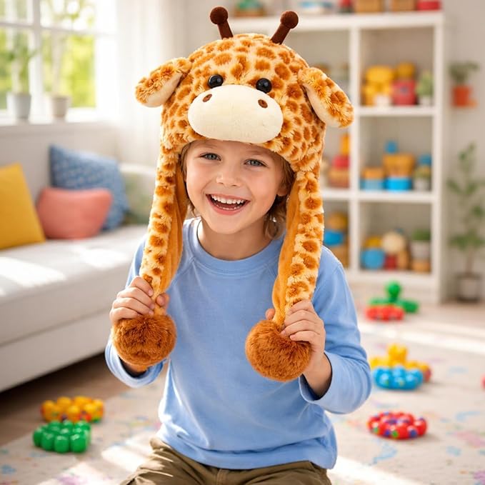 Animal Hat with Ears Moving Jumping Pop Up Beating Hat Plush Holiday Cosplay Dress Up Funny Gift for Kids