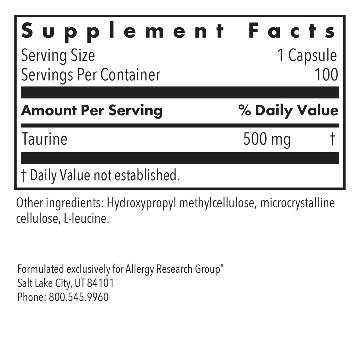 Allergy Research Group ARG Taurine 500 mg - Free Form Amino Acid Supplement - Heart & Electrolyte Support - Cellular Energy & Nervous System - Hypoallergenic - 100 Servings - 100 Capsules