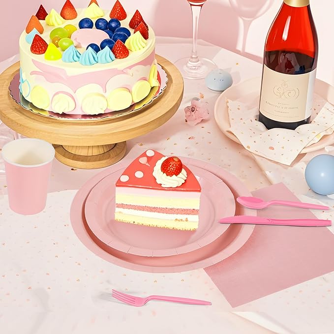 Ottin 169PCS Pink Party Supplies for 24 Guests – Disposable Paper Plates, Napkins, Cups, Forks, Knives, Spoons & Tablecloth for Birthday, Wedding, Halloween, Thanksgiving, Christmas, and New Year