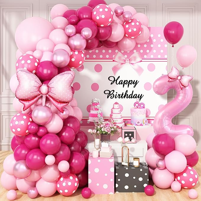 Pink 2nd Birthday Balloons Decorations, Hot Pink Rose Polka Dots Balloons Arch Kit, Huge Bow Foil Balloon, pink Number 2 Balloon Tower for Baby Shower Girls Princess 2nd Theme Party
