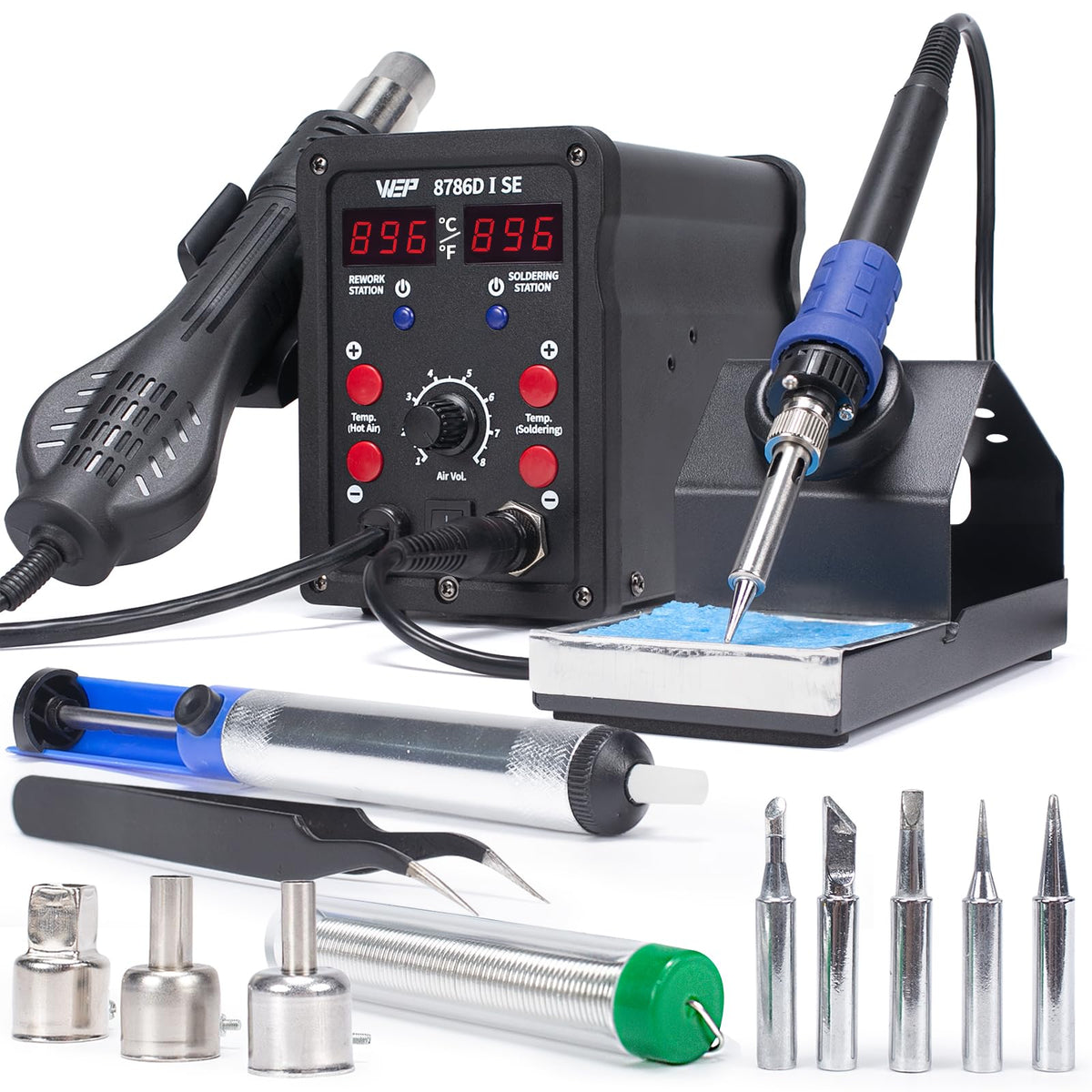 WEP 8786D-I SE Hot Air Soldering Iron Station Kit 2-IN-1 for Rework, Desoldering with Lead-Free Solder Wire, 5 Soldering Tips, 3 Hot Air Nozzles,Tweezers, Desoldering Pump