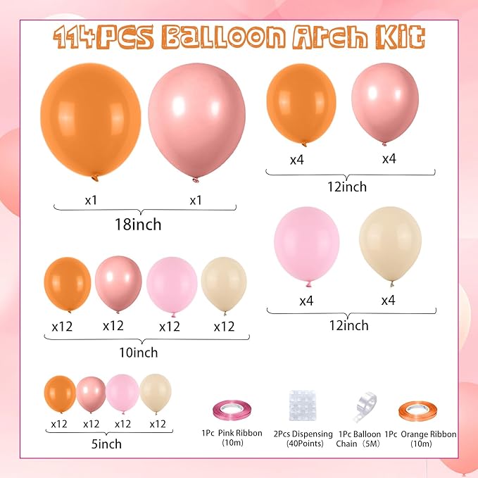 Boho Balloon Garland Arch Kit, Dusty Pink Orange Balloon Arch with Maca Pink Sand White Burnt Orange Latex Balloons for Women Flower Daisy Birthday Wedding Party Decorations