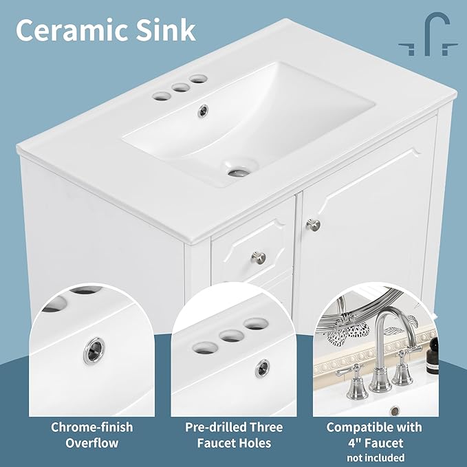 Bathroom Vanity with Ceramic Sink 30 inch, Multi-Functional Storage Cabinet with Drawers and Door Shelf, Solid Wood Frame, Soft-Closing Door, White