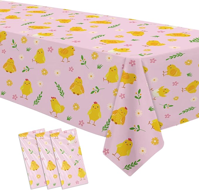 Chicken Party Decorations Tablecloth for Kid's Birthday Baby Shower, 3pcs Disposable Farm Animal Barnyard Pink Little Chick Birthday Party Supplies Tablecover, 86in x 55in