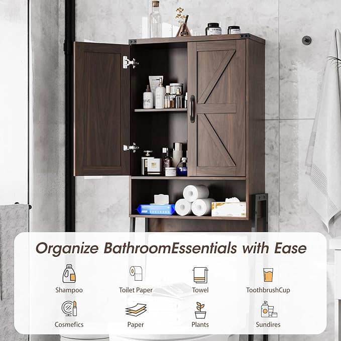 Over The Toilet Storage Cabinet with 2-Door Design Bathroom Organizers and Storage with Anti-Tip Device Over Toilet Organizer with Shelves for Bathroom,Restroom,Laundry Espresso