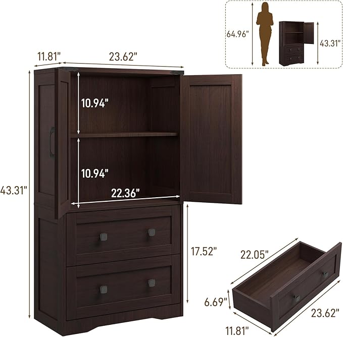 Farmhouse Bathroom Storage Cabinet with 2 Big Drawers and Barn Doors, Kitchen Pantry, Freestanding Storage Cabinet with Adjustable Shelves for Bathroom, Living Room, Kitchen(Espresso)