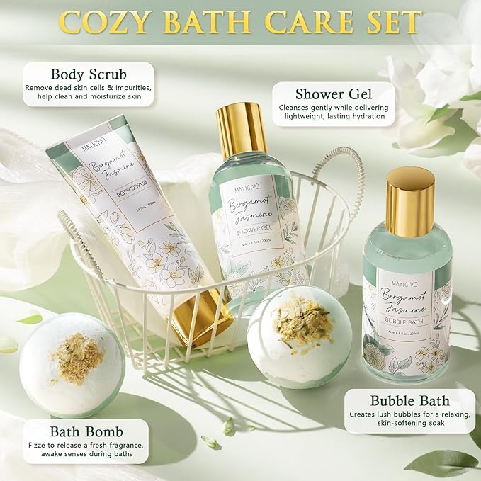 Birthday Gifts for Women, Bergamot Jasmine Relaxing Spa Gift Baskets for Women Self Care Package Bath Gift Set, Home Bath and Body Kit Pampering Valentines Day Gifts for Her Womens Mom Friends Sister