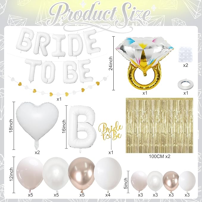 White Gold Bachelorette Party Decorations, Bride To Be Mylar Foil Letter Balloons with White Champagne Balloons and Light Gold Fringe Curtains for Bridal Shower Decoration Engagement Hen Party Decor