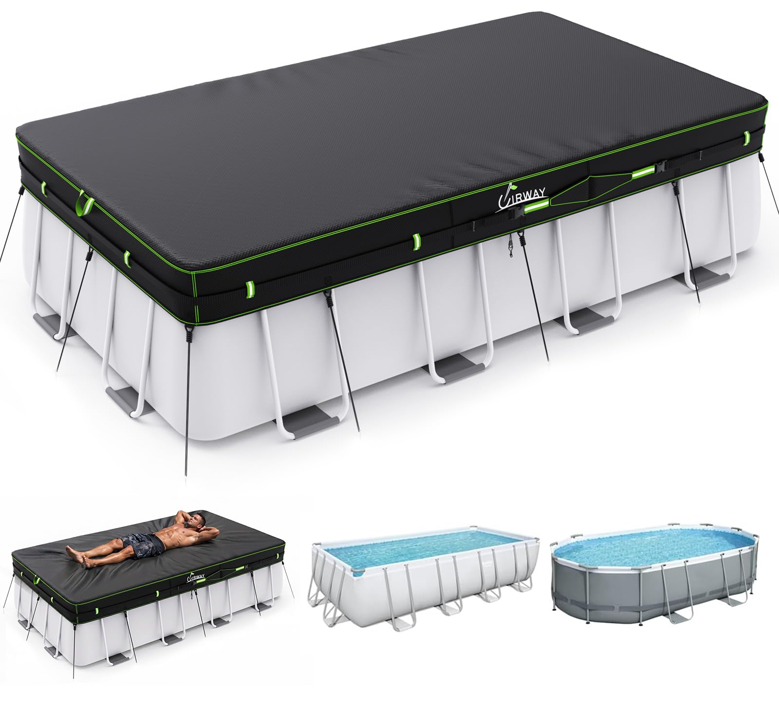 UIRWAY 500D Pool Cover 12x24FT Rectangular [2026 Upgraded Heavy Duty Fabric] Solar Pool Covers for Above Ground Pools, Swimming Pool Covers Including Windproof Straps and Luminous Ground, UV Resistant