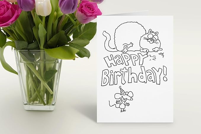 Stonehouse Collection | Happy Birthday Kid Set of Coloring Greeting Cards | 12 Cat and Mouse Color Card and Envelopes (Cat)