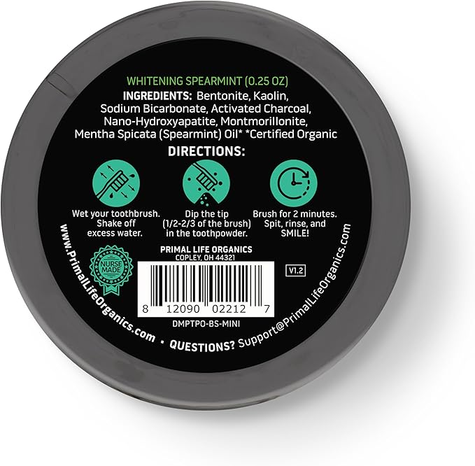 Primal Life Organics - Dirty Mouth Toothpowder, Activated Charcoal Tooth Cleaning Powder, Essential Oils with Kaolin & Bentonite Clay, 200+ Brushings, Organic, Vegan (Black Spearmint, 0.25 oz)