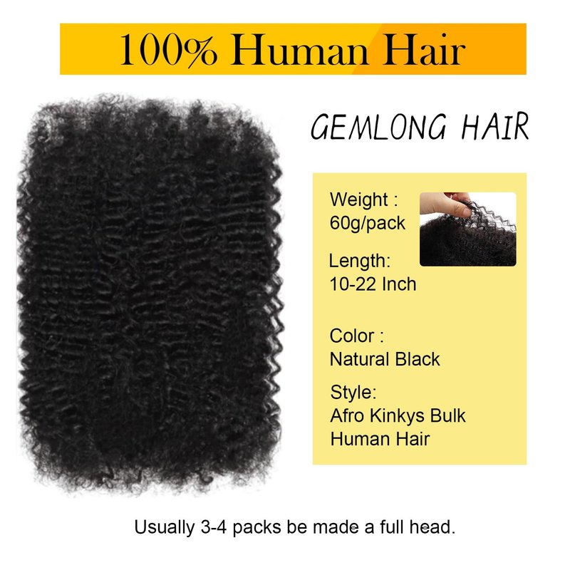 Afro Kinkys Bulk Human Hair 14Inch 60g/pack 100% Natural Black Human Hair For Making Micro Locs, Twist Braiding, Dreadlocks Extensions, Locs Repair, Mini Twists