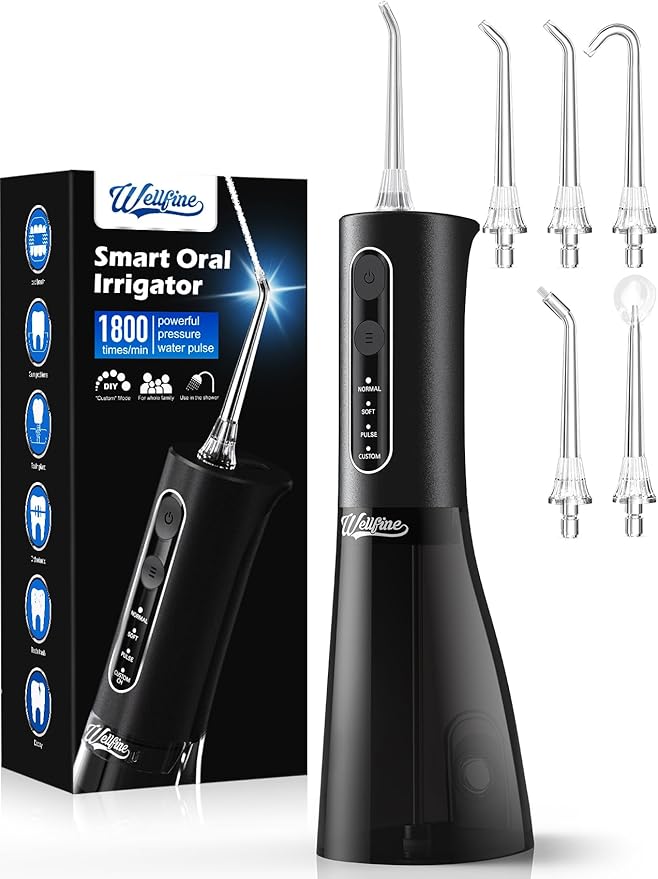 Water Dental Flosser Teeth Pick: WELLFINE Portable Cordless 4 Modes Flossers Pic 300ML Rechargeable Floss Pik Powerful IPX7 Waterproof Oral Irrigator for Cleaning Gum Care Braces for Home Travel