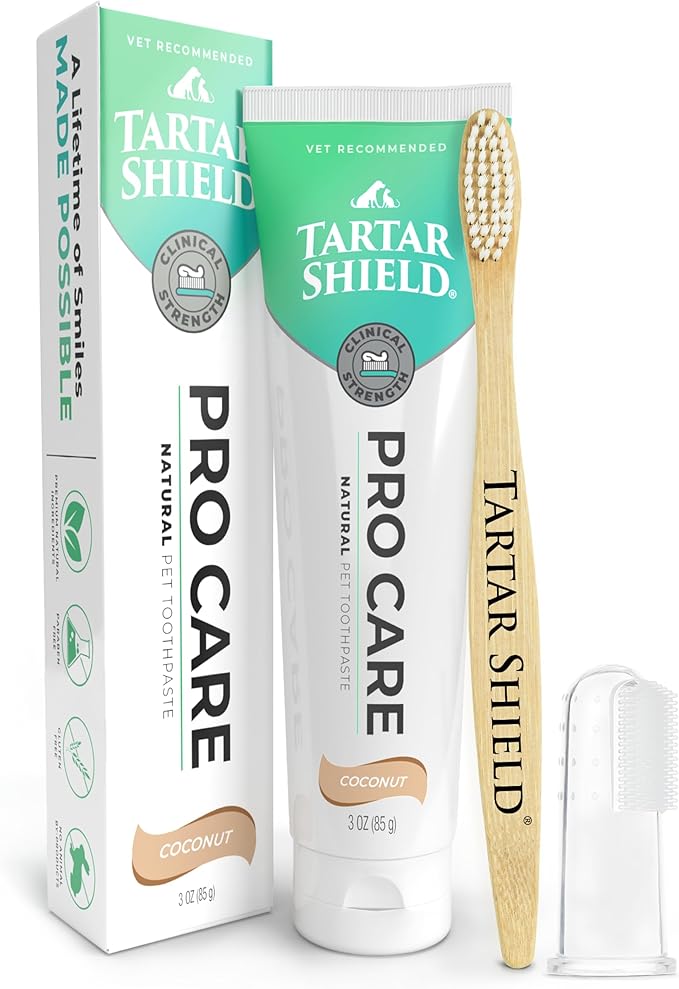 Tartar Shield Pro Care – Natural Enzymatic Pet Toothpaste Kit – Protects Against Plaque & Tartar - Freshens Breath & Removes Stains – Cleans Teeth and Gums – for Dogs & Cats - Coconut Flavor, 3 Oz.