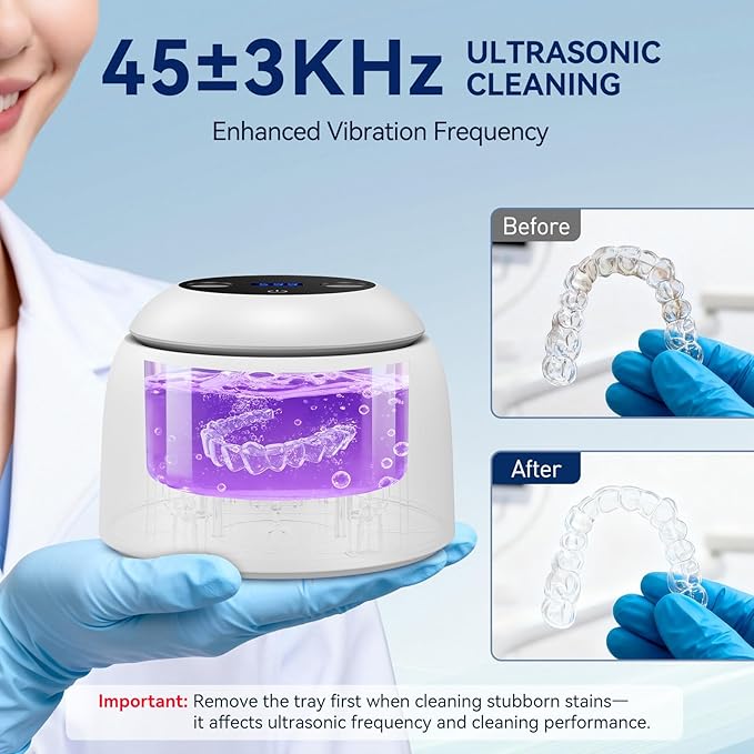 Ultrasonic Retainer Cleaner - 45±3kHz, 3 Modes with Digital Timer, 6 UVC+UVA Lamp,Denture Cleaner Machine, Mouth Guard, IPX6,200ML SUS304 Tank for Aligner, Night Guard Toothbrush (White)